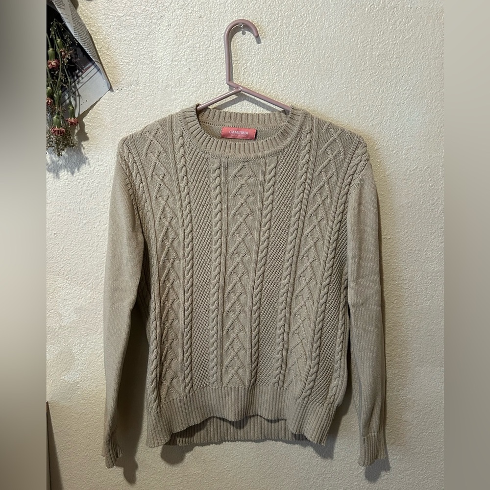 tan, knit sweater